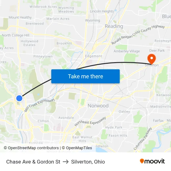 Chase Ave & Gordon St to Silverton, Ohio map