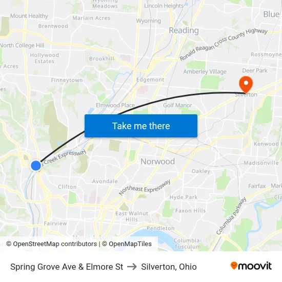 Spring Grove Ave & Elmore St to Silverton, Ohio map