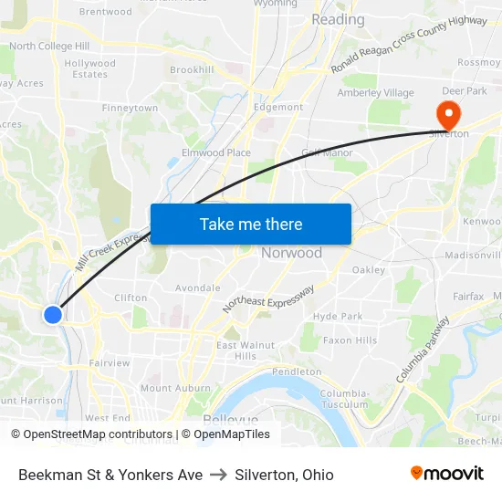 Beekman St & Yonkers Ave to Silverton, Ohio map
