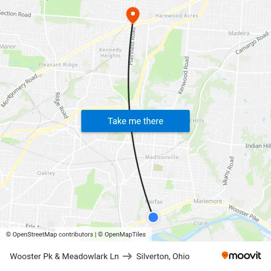 Wooster Pk & Meadowlark Ln to Silverton, Ohio map