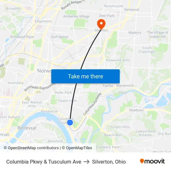 Columbia Pkwy & Tusculum Ave to Silverton, Ohio map