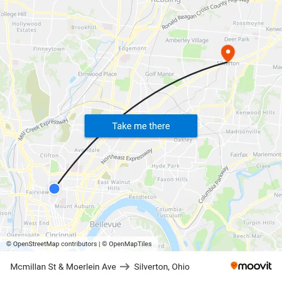 Mcmillan St & Moerlein Ave to Silverton, Ohio map