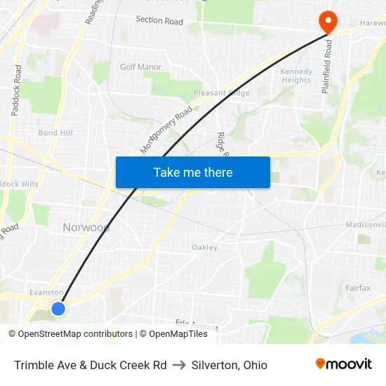 Trimble Ave & Duck Creek Rd to Silverton, Ohio map