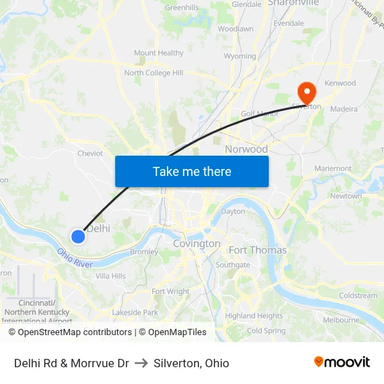 Delhi Rd & Morrvue Dr to Silverton, Ohio map