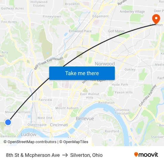 8th St & Mcpherson Ave to Silverton, Ohio map