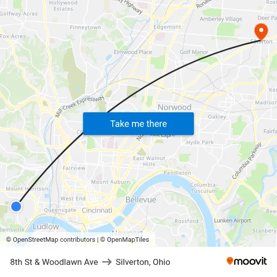 8th St & Woodlawn Ave to Silverton, Ohio map