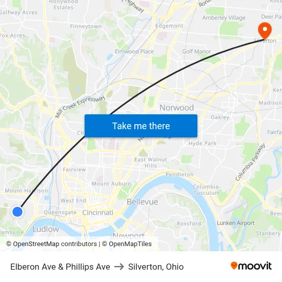 Elberon Ave & Phillips Ave to Silverton, Ohio map