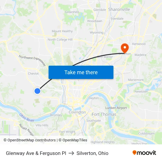Glenway Ave & Ferguson Pl to Silverton, Ohio map