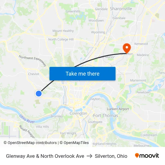 Glenway Ave & North Overlook Ave to Silverton, Ohio map