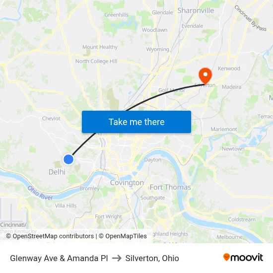 Glenway Ave & Amanda Pl to Silverton, Ohio map