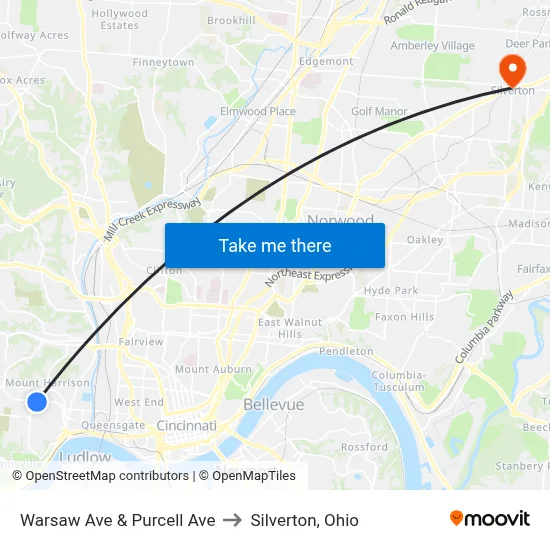 Warsaw Ave & Purcell Ave to Silverton, Ohio map