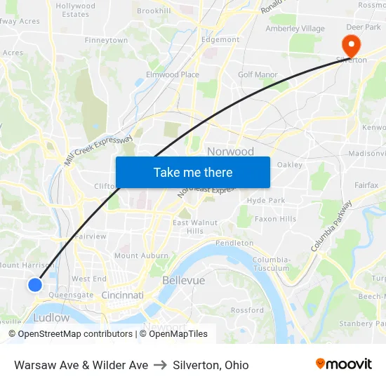 Warsaw Ave & Wilder Ave to Silverton, Ohio map