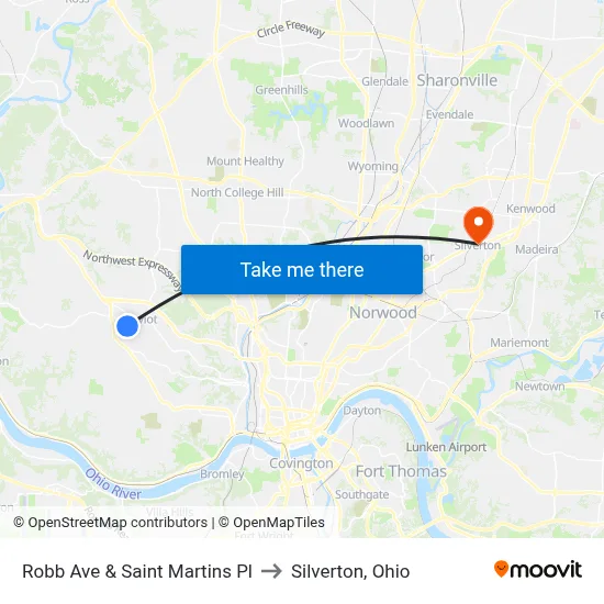 Robb Ave & Saint Martins Pl to Silverton, Ohio map