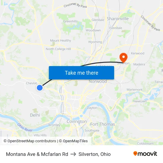 Montana Ave & Mcfarlan Rd to Silverton, Ohio map