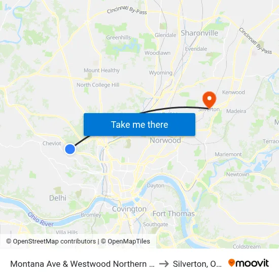 Montana Ave & Westwood Northern Blvd to Silverton, Ohio map
