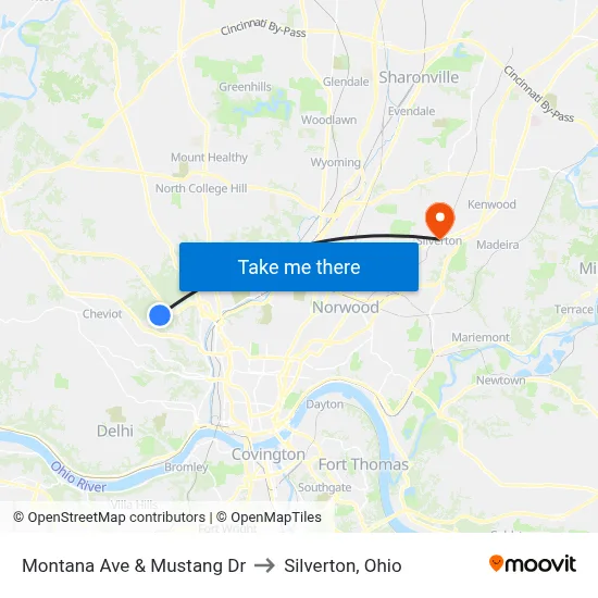 Montana Ave & Mustang Dr to Silverton, Ohio map