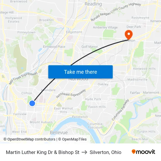 Martin Luther King Dr & Bishop St to Silverton, Ohio map