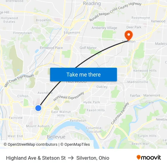 Highland Ave & Stetson St to Silverton, Ohio map