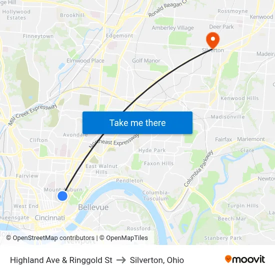 Highland Ave & Ringgold St to Silverton, Ohio map