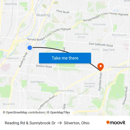 Reading Rd & Sunnybrook Dr to Silverton, Ohio map
