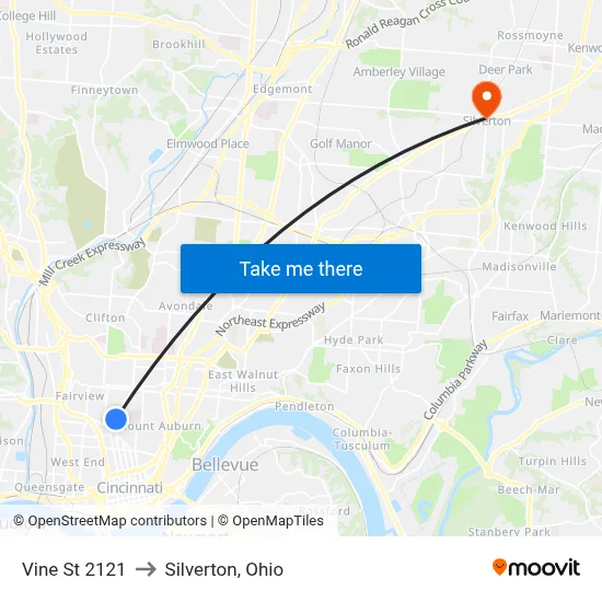 Vine St 2121 to Silverton, Ohio map