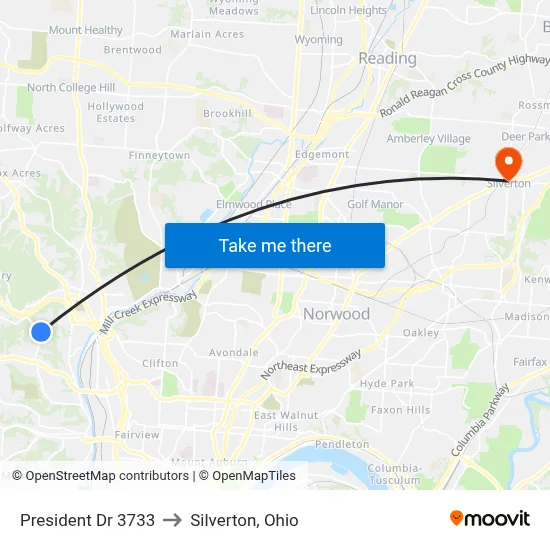 President Dr 3733 to Silverton, Ohio map