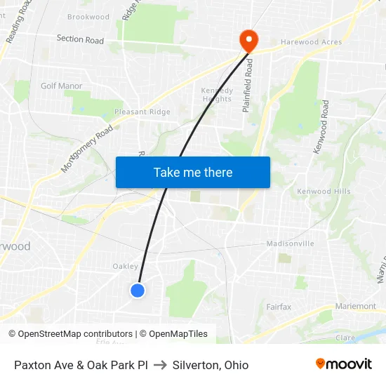 Paxton Ave & Oak Park Pl to Silverton, Ohio map