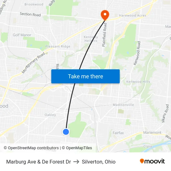 Marburg Ave & De Forest Dr to Silverton, Ohio map