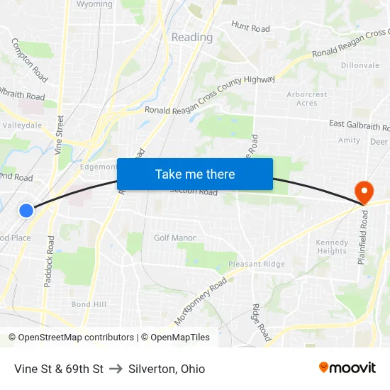 Vine St & 69th St to Silverton, Ohio map