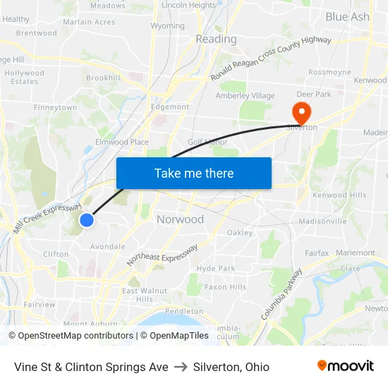 Vine St & Clinton Springs Ave to Silverton, Ohio map