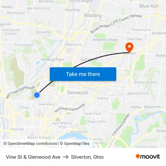 Vine St & Glenwood Ave to Silverton, Ohio map