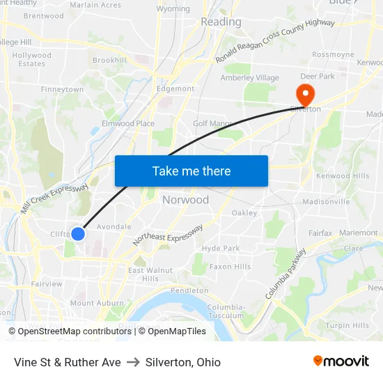 Vine St & Ruther Ave to Silverton, Ohio map