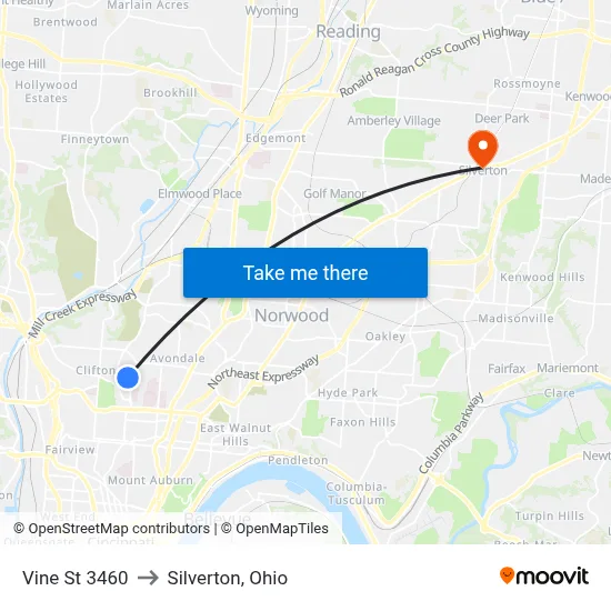 Vine St 3460 to Silverton, Ohio map