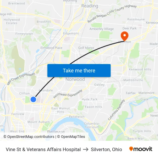 Vine St & Veterans Affairs Hospital to Silverton, Ohio map