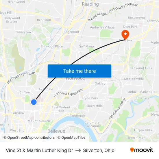 Vine St & Martin Luther King Dr to Silverton, Ohio map