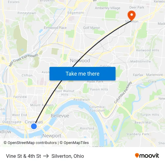 Vine St & 4th St to Silverton, Ohio map