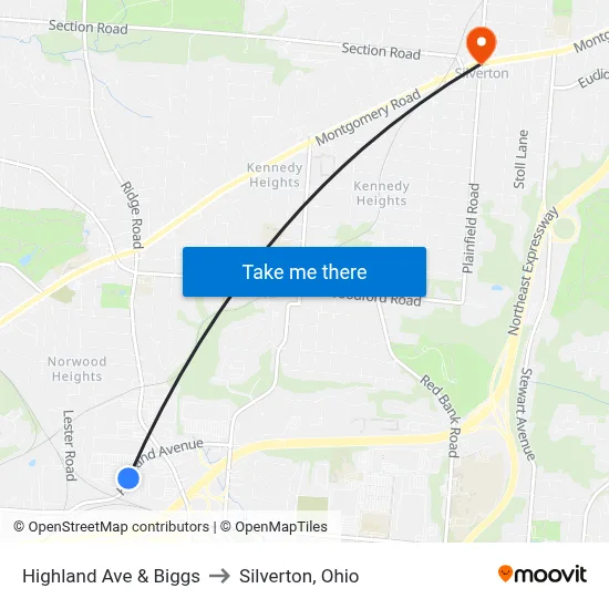 Highland Ave & Biggs to Silverton, Ohio map