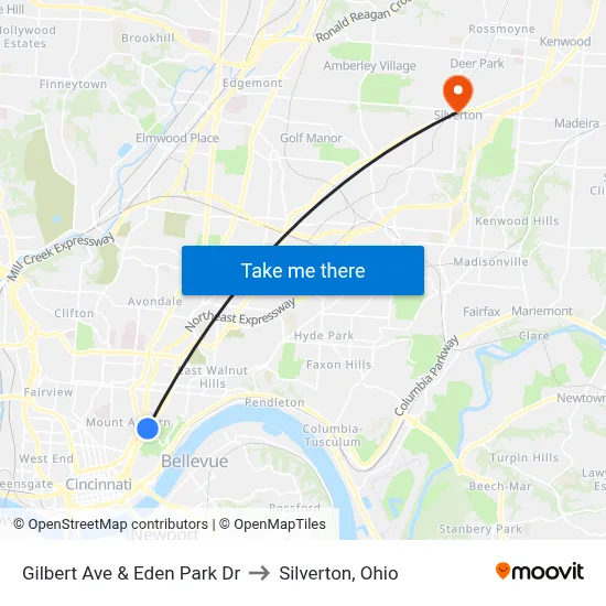 Gilbert Ave & Eden Park Dr to Silverton, Ohio map