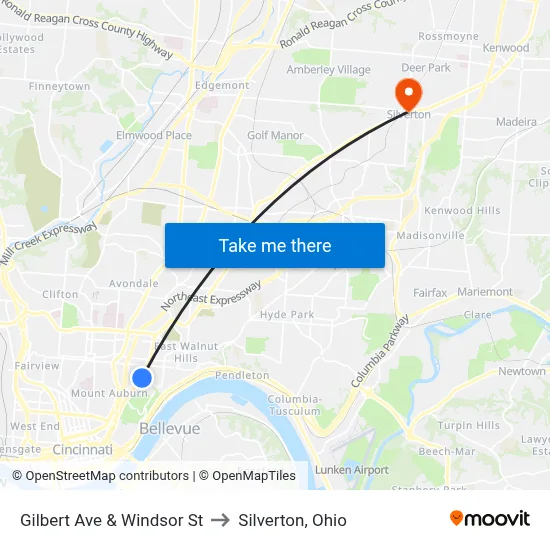 Gilbert Ave & Windsor St to Silverton, Ohio map