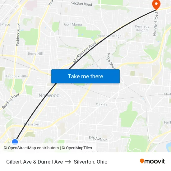 Gilbert Ave & Durrell Ave to Silverton, Ohio map