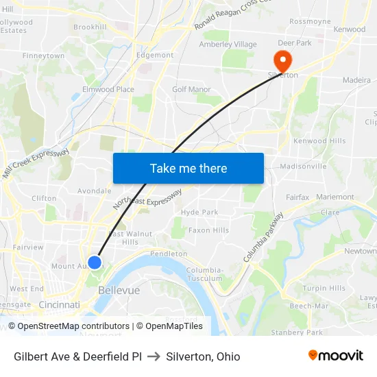 Gilbert Ave & Deerfield Pl to Silverton, Ohio map