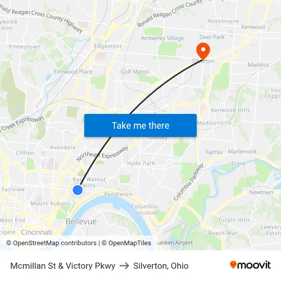 Mcmillan St & Victory Pkwy to Silverton, Ohio map