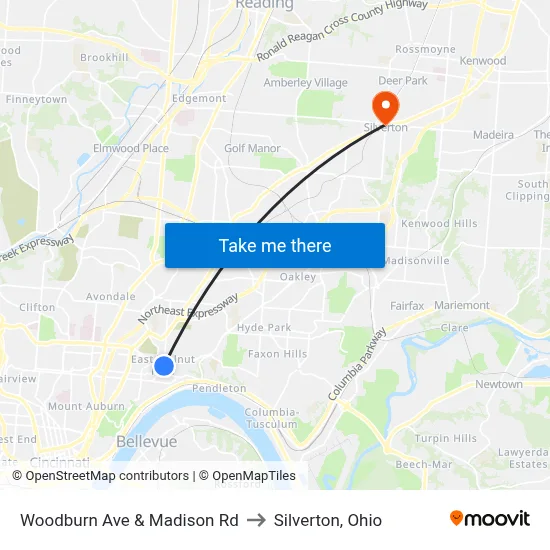 Woodburn Ave & Madison Rd to Silverton, Ohio map