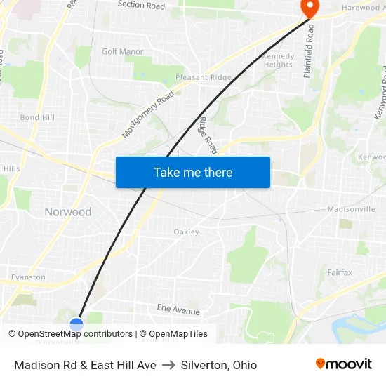 Madison Rd & East Hill Ave to Silverton, Ohio map
