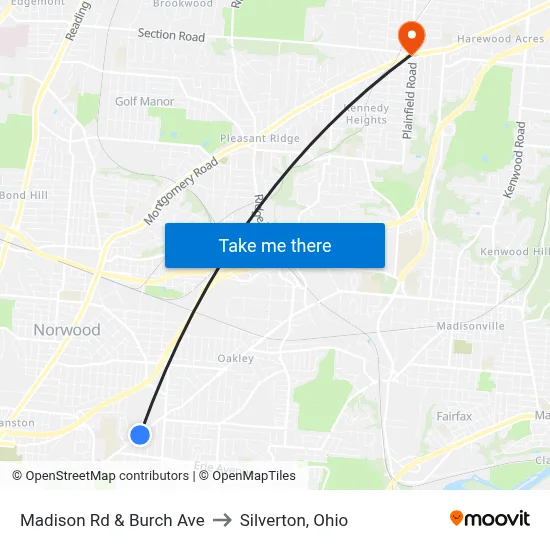 Madison Rd & Burch Ave to Silverton, Ohio map