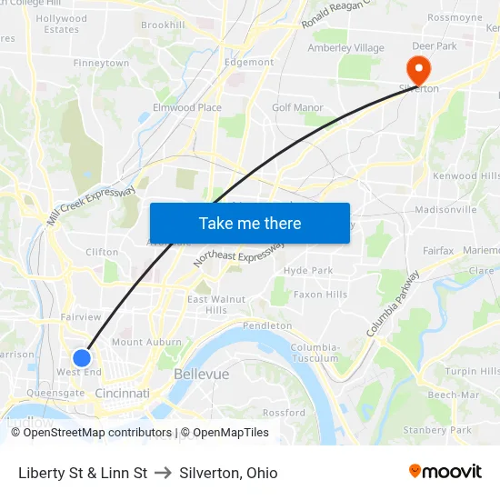 Liberty St & Linn St to Silverton, Ohio map