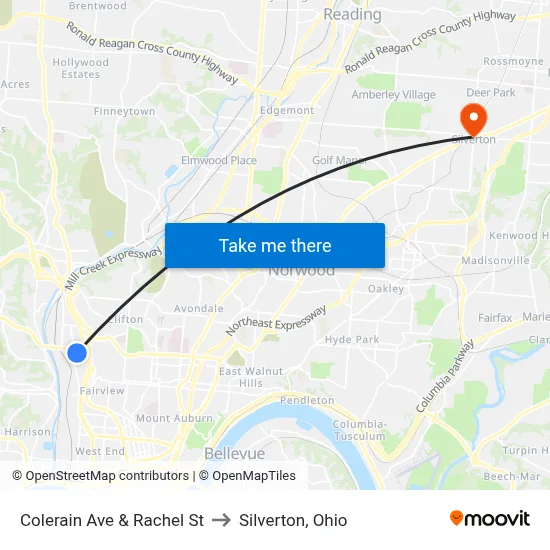 Colerain Ave & Rachel St to Silverton, Ohio map