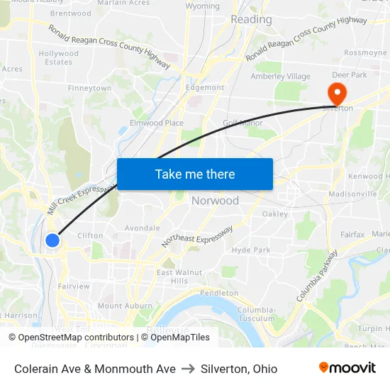 Colerain Ave & Monmouth Ave to Silverton, Ohio map