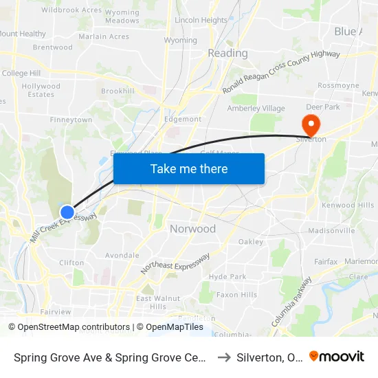 Spring Grove Ave & Spring Grove Cemetary to Silverton, Ohio map