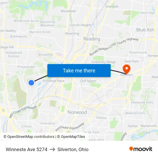 Winneste Ave 5274 to Silverton, Ohio map